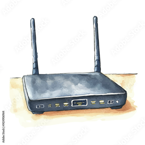Modern wireless router on a desk, watercolor illustration, isolated on a white background.

