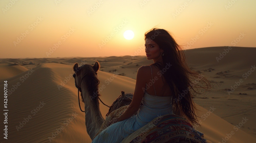 A woman riding a camel across the sand dunes of the Sahara Desert, with the sun setting in the background.