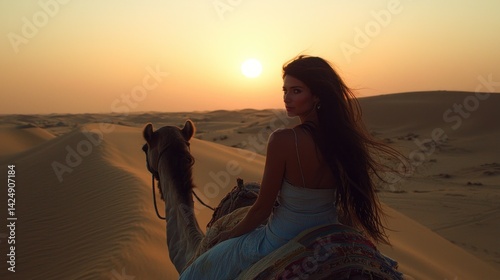 Obraz na płótnie A woman riding a camel across the sand dunes of the Sahara Desert, with the sun setting in the background. w salonie