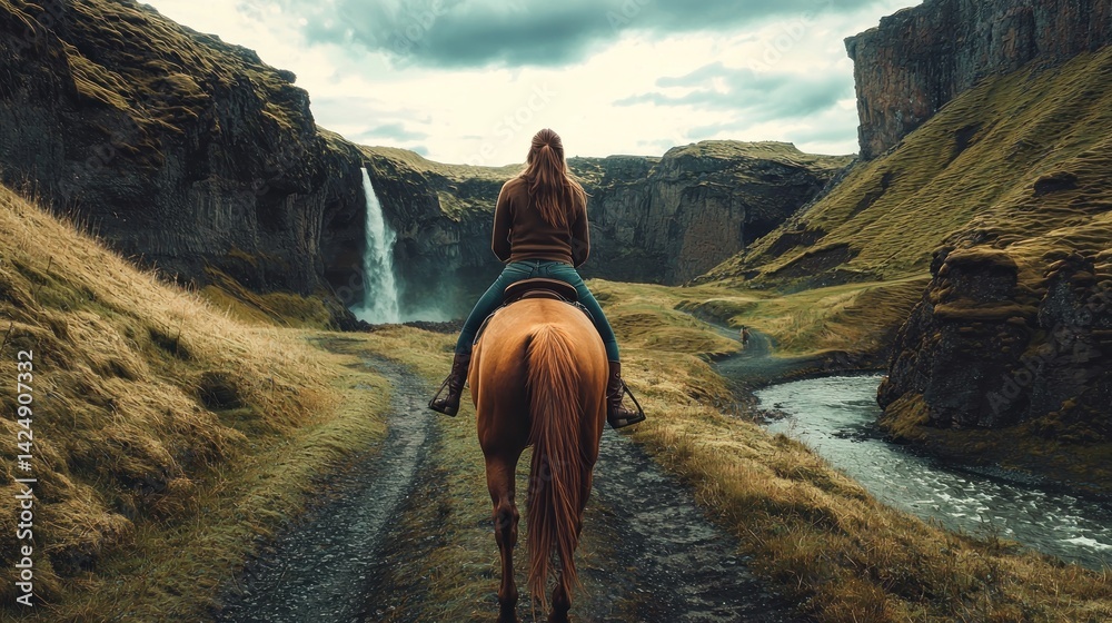 Woman riding horse through scenic mountain pass, dramatic cliffs and waterfalls in the background