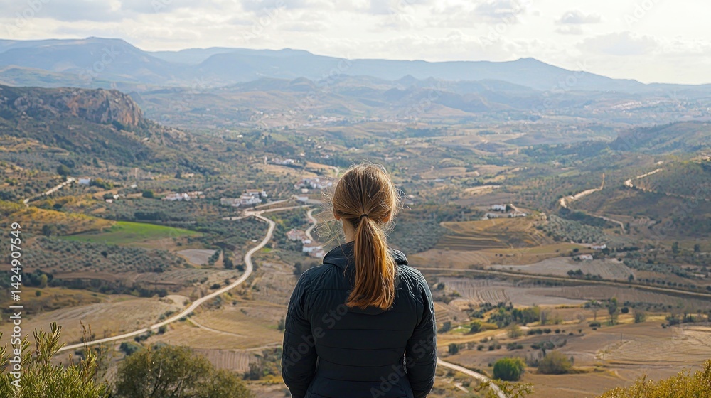 A woman standing at a viewpoint overlooking a vast valley with winding roads, farms, and small villages.