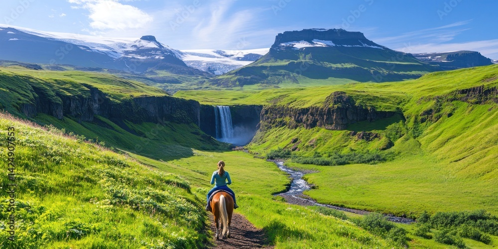 Woman Riding Horse Through Scenic Mountain Pass with Dramatic Cliffs and Waterfalls in the Background