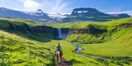 Obraz na płótnie Woman Riding Horse Through Scenic Mountain Pass with Dramatic Cliffs and Waterfalls in the Background w salonie