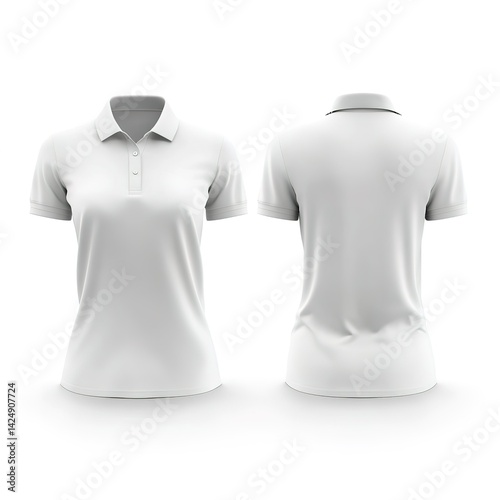 3D realistic rendering white polo women shirt, front and back view on a white background, fashion design elements, isolated object on the left side of an empty space for text or graphics, mockup