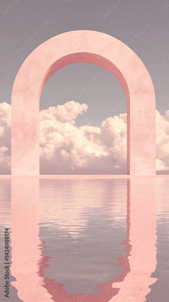 Fototapeta premium A serene arch structure reflecting on calm water under a cloudy sky.