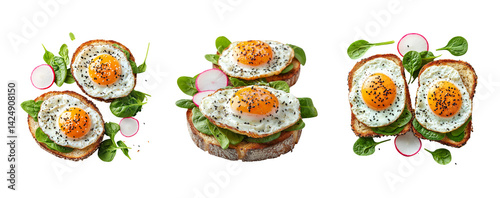 Obraz na płótnie Delicious Breakfast Sandwiches with Fried Eggs and Fresh Spinach w salonie