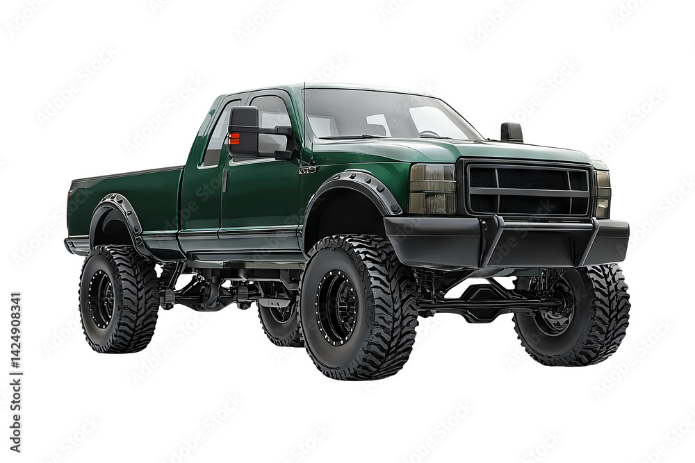 Powerful Green Pickup Truck with Large Tires on Transparent Background