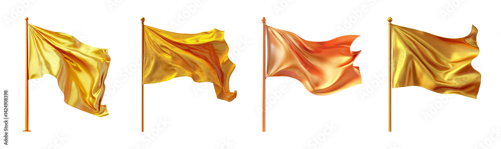 Golden Silk Flags on Transparent Background in Various Dynamic Positions