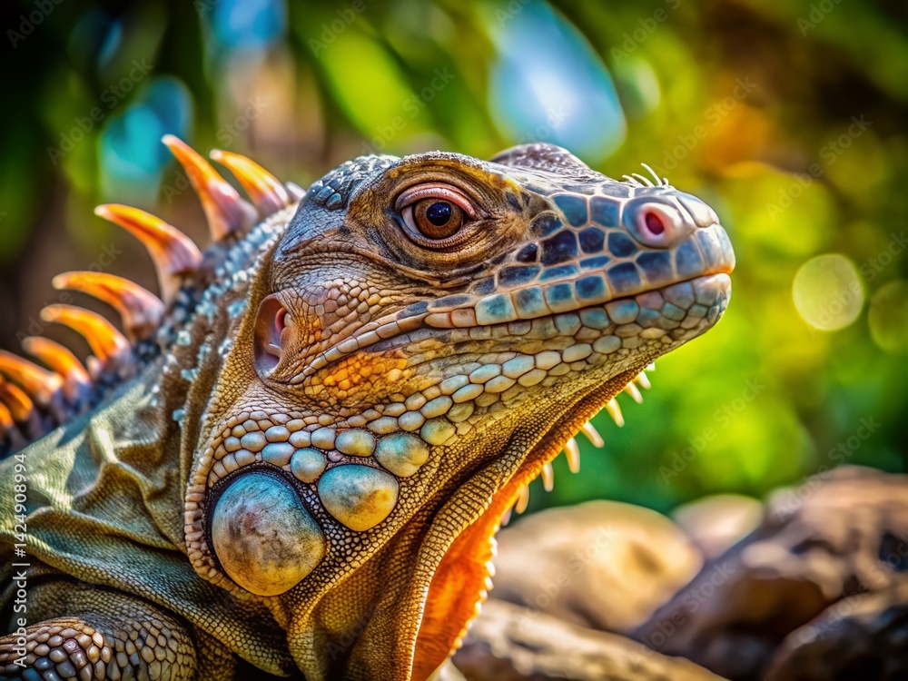 Fototapeta premium Rhinoceros Iguana (Cyclura cornuta) basking in the sun, candid wildlife photography