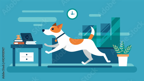 An energetic Jack Russell Terrier racing around the office her fitness tracker showing the impressive distance shes covered on her lunch break.. Vector illustration
