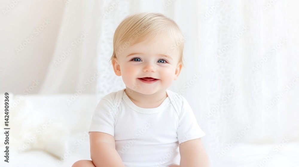 Smiling Baby in White Bodysuit, Soft Lighting, High Resolution, Portrait Close-up, Gentle Textures, Joyful Expression, White Draped Background, Soft White Tones, Ideal for Baby Products Smiling Baby in White Bodysuit, Soft Lighting, High Resolution, Portrait Close-up, Gentle Textures, Joyful Expression, White Draped Background, Soft White Tones, Ideal for Baby Products