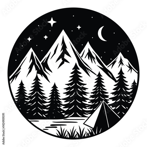 Black silhouette of mountains and fir trees camping adventure wildlife landscape panorama