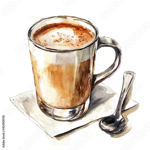 Milk frother and cup of latte, watercolor illustration, isolated on a white background.

