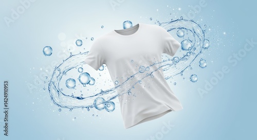 Clean fresh white t-shirt with water splash and bubbles for advertising laundry detergent or fabric softener on a light blue background