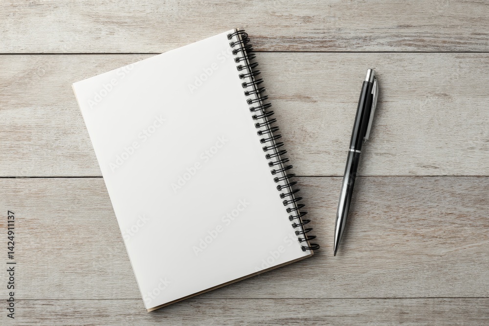 Blank Spiral Notebook and Pen Ready for Note-Taking on Wooden Desk, Ideal for Writing and Drawing Blank Spiral Notebook and Pen Ready for Note-Taking on Wooden Desk, Ideal for Writing and Drawing