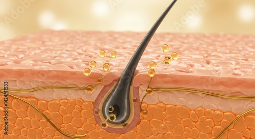 Close up showing hair follicle structure and oil molecules penetrating the skin layers illustrating skincare science and dermatology health