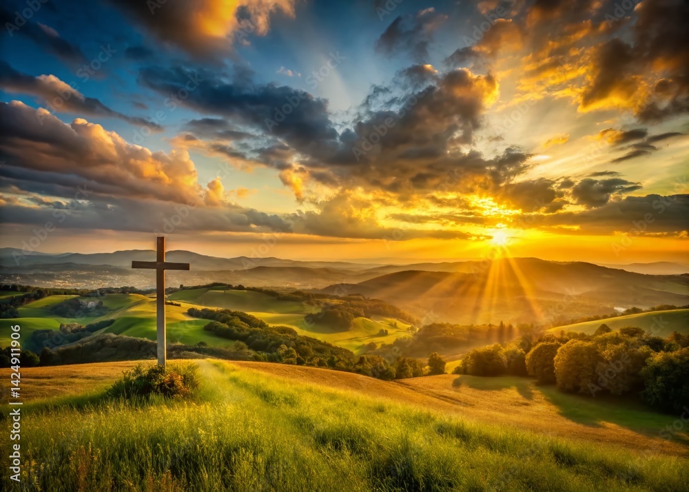 Obraz premium Serene Sunset Landscape: Catholic Prayer Inspiration