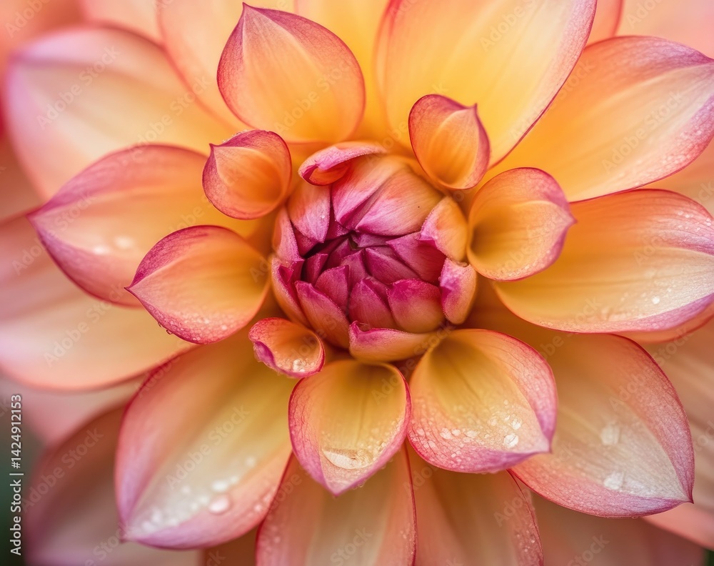 Close-up of a vibrant peach and pink dahlia flower with water droplets on petals. Close-up of a vibrant peach and pink dahlia flower with water droplets on petals.