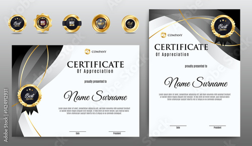 Certificate of achievement award template design. Black and gold shape. A4 size Horizontal and Vertical certificate with Badges. vector
