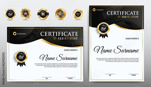 Certificate of achievement award template design. Black and gold shape. A4 size Horizontal and Vertical certificate with Badges. vector