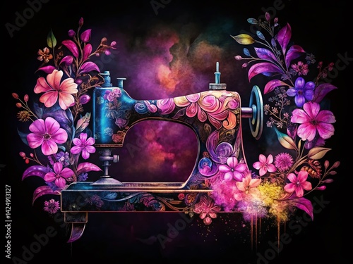 Silhouette of a Floral Sewing Machine - Watercolor Pink Purple Flowers