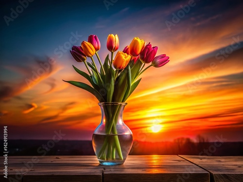 Silhouette of Elegant Vase with Tulips at Sunset - Stock Photo