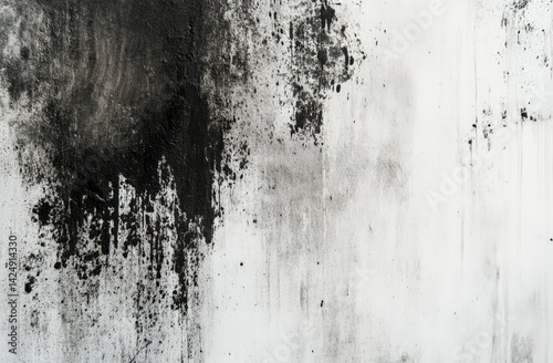 Abstract black and white paint splatter texture.