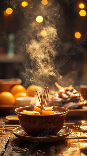 Wallpaper Mural A bowl of soup is steaming on a table with a plate of oranges and a cup of coffee Torontodigital.ca
