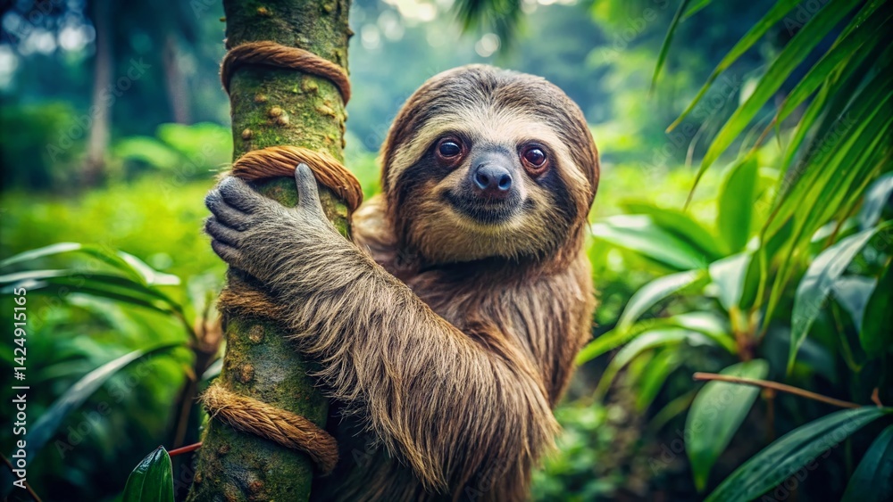 Fototapeta premium Sloth Hanging in Rainforest Canopy: Wildlife Photography