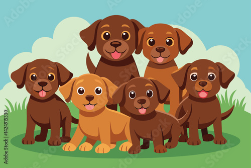 A cute cartoon vector illustration features a happy brown set of puppies and dogs, part of a fun animal collection