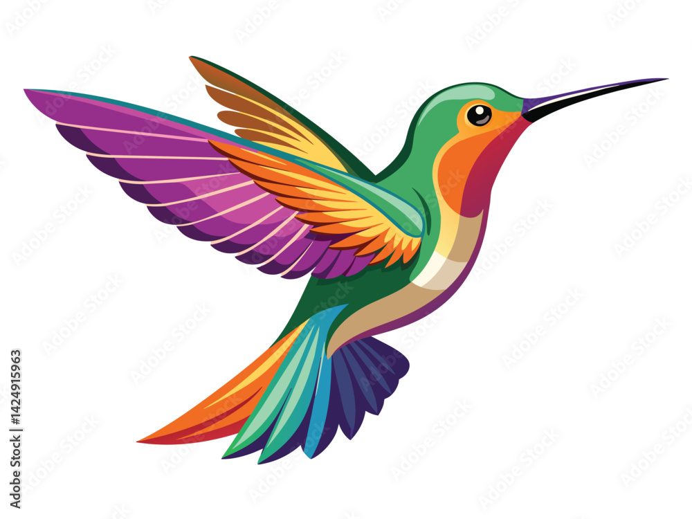 Obraz premium Vector art shows a flying hummingbird, a wild animal with a long beak and delicate wings, near a vibrant flower in a nature illustration