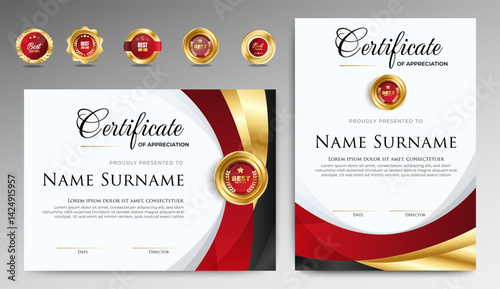 Profesional award certificate template with red and gold shape design. Certificate appreciation, achievement, diploma with set of premium badges. vector
