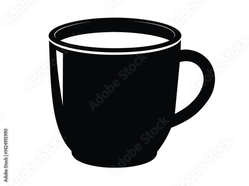 A single black coffee mug, a ceramic beverage object, is isolated on a white background, appearing blank and empty with a handle, suitable for a hot espresso drink, typically enjoyed at breakfast or i