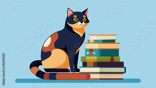 A beautiful tortoiseshell cat sitting on a stack of art books its keen eyes following the movements of the patrons as they browse.. Vector illustration