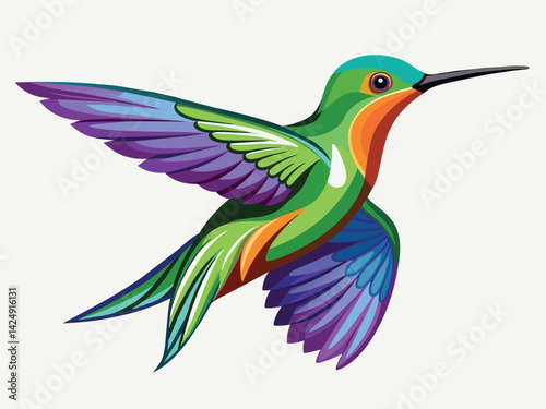 A flying hummingbird, a tropical bird with a long beak, sips nectar from a vibrant flower in a nature illustration