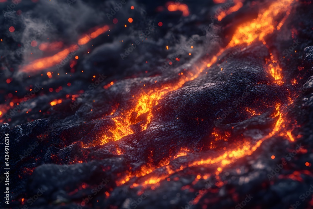 A close up view of flowing lava with glowing embers and dark rock formations in a volcanic landscape A close up view of flowing lava with glowing embers and dark rock formations in a volcanic landscape