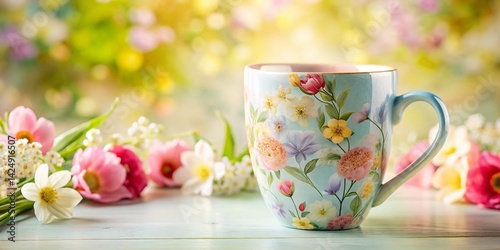 Spring Blooming Flowers Mug Design, Pastel Colors, Ceramic Coffee Cup,  Floral Theme