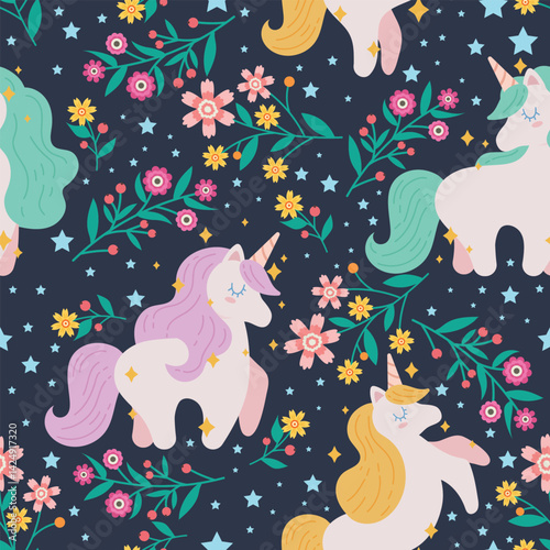 Starry Night Unicorn Fantasy Seamless Pattern for Textiles Print on Fabric