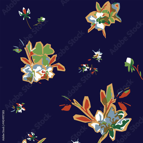 Stylized Floral Seamless Pattern for Textile Print for Fabric, Elegant Botanical Design on Navy Background