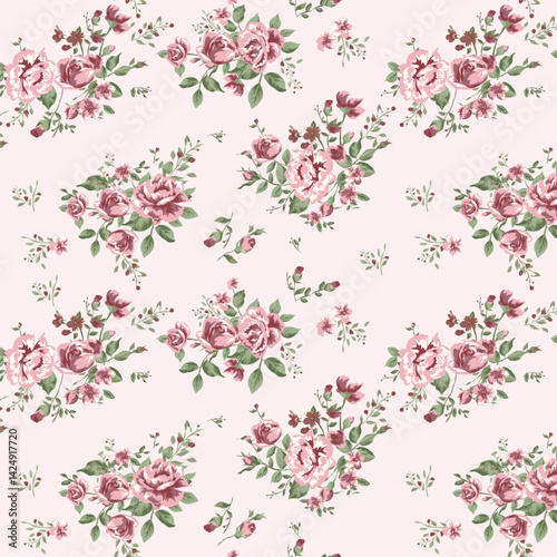 Vintage Pink Floral Bouquet for Textile Print for Fabric, Seamless Pattern, rose bunches for fashionable print for top and bottom set