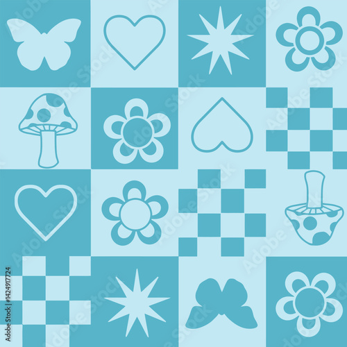Retro Checkerboard Seamless Pattern with Cute Elements for Textile Print for Fabric