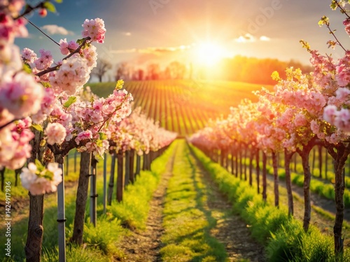 Spring Vineyard Blossoms: Rows of Pink and White Flowers in Sunlight