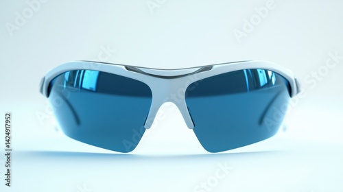 Stylish white sports sunglasses with dark blue lenses,  modern design,  isolated on plain background.
