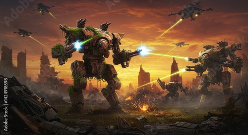 Giant robots overgrown with vegetation engage in combat in a war-torn cityscape at sunset