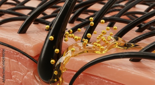Hair follicle anatomy with nourishing oil and golden particles for healthy hair growth and scalp treatment
