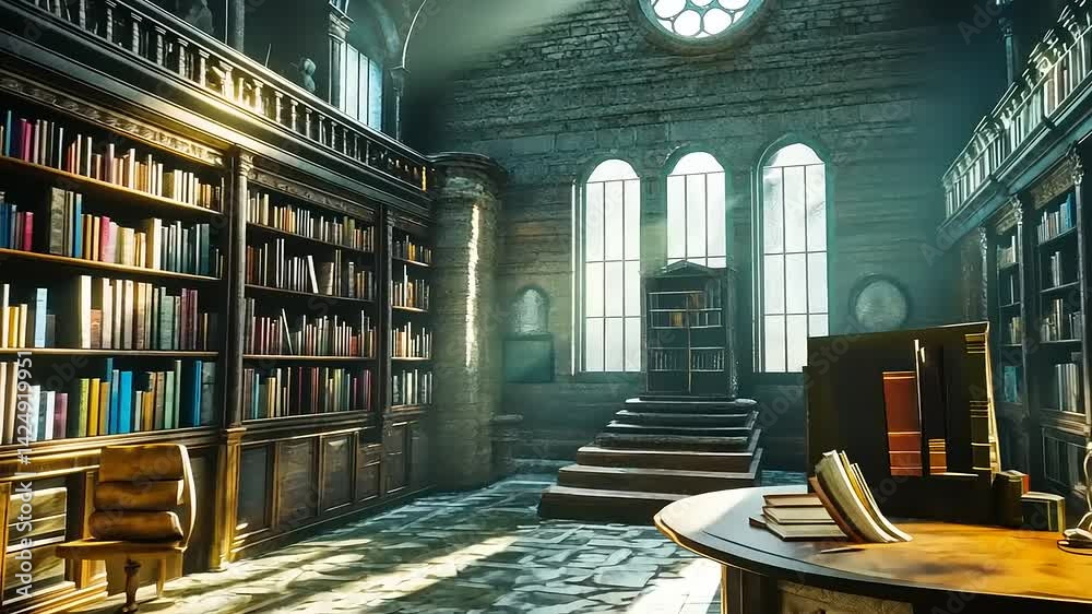 Ancien Library in a Castle with rays of light shining through the Windows
