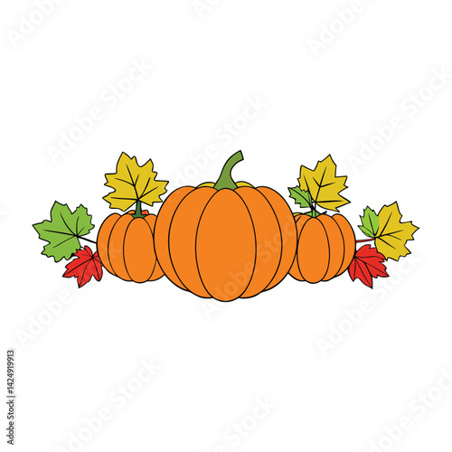 A vibrant autumn harvest border featuring pumpkins surrounded by colorful fall leaves, capturing the essence of the season with rich oranges, reds, and yellows. Perfect for festive decor!