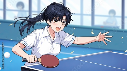 Dynamic anime style illustration of a young girl with black hair and glasses playing table tennis indoors with an intense expression and motion in her arm