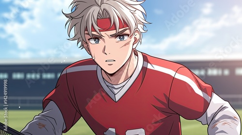 Close-up of an anime-style young male football player with silver hair and a determined expression wea a red jersey on a grassy field du daytime