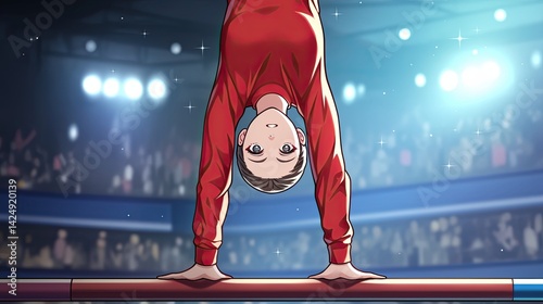 Female gymnast performing a handstand on a gymnastics floor du a competition with ence and bright lights in the background